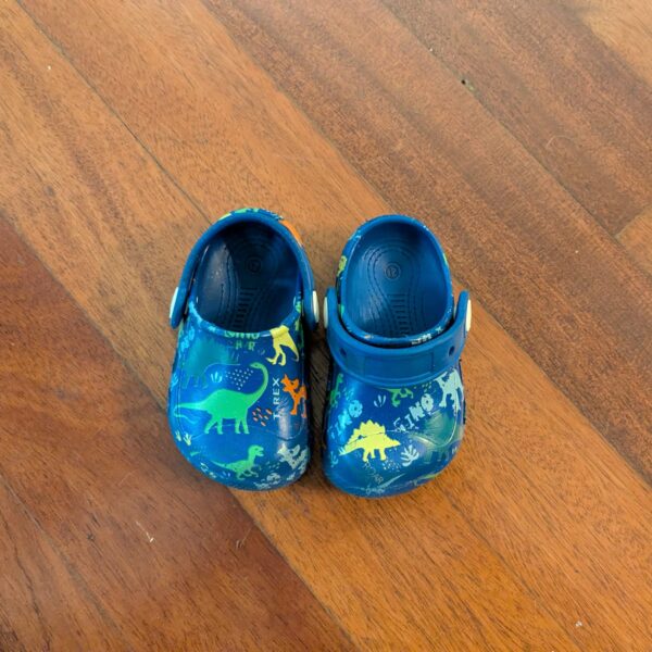 Baby dino-themed blue crocs