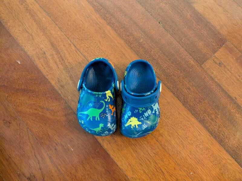Baby dino-themed blue crocs